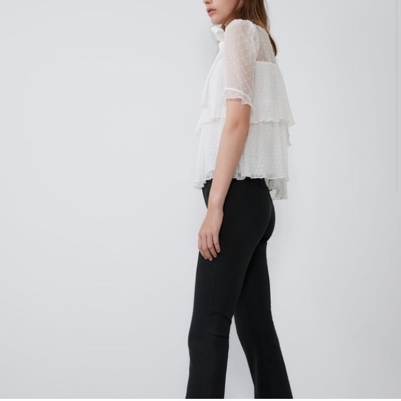 Zara Womens White Cream Swiss Dot Semi Sheer Tiered Ruffle Pussybow Tie Neck Top - Picture 3 of 13